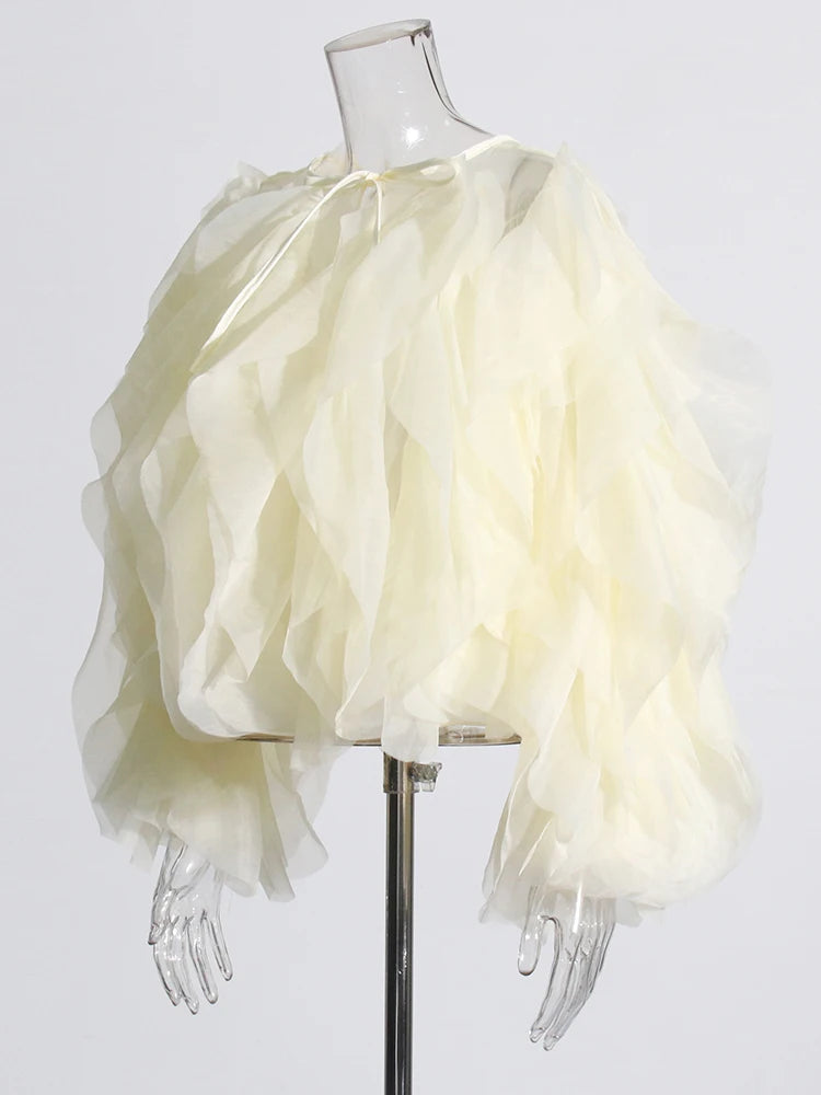 Blusas elegantes de chiffon com babados e patchwork, gola redonda, lanterna, manga comprida, camisa solta