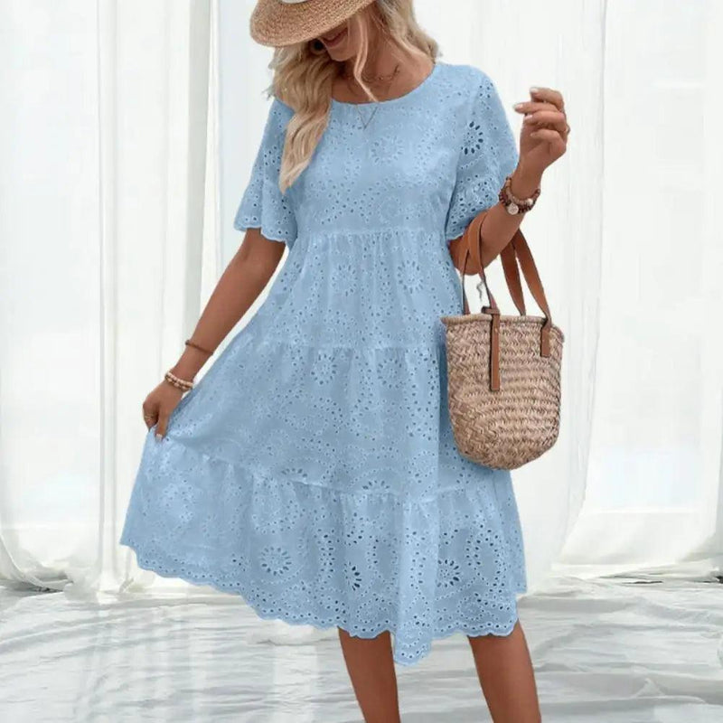 Summer Women Dress Hollow Out Short Horn Sleeves Dress A-line Pleated Patchwork Big Swing Embroidery Vacation Beach Midi Dress - CRAVO ROSE