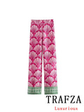 TRAFZA Vintage Chic Print Women Suit Single Breasted Slim Blazer Straight Loose Pants New Fashion 2024 Office Lady Sets
