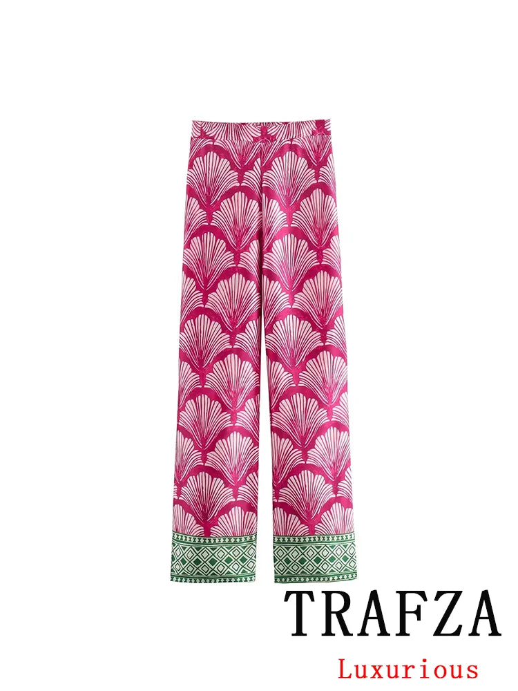 TRAFZA Vintage Chic Print Women Suit Single Breasted Slim Blazer Straight Loose Pants New Fashion 2024 Office Lady Sets