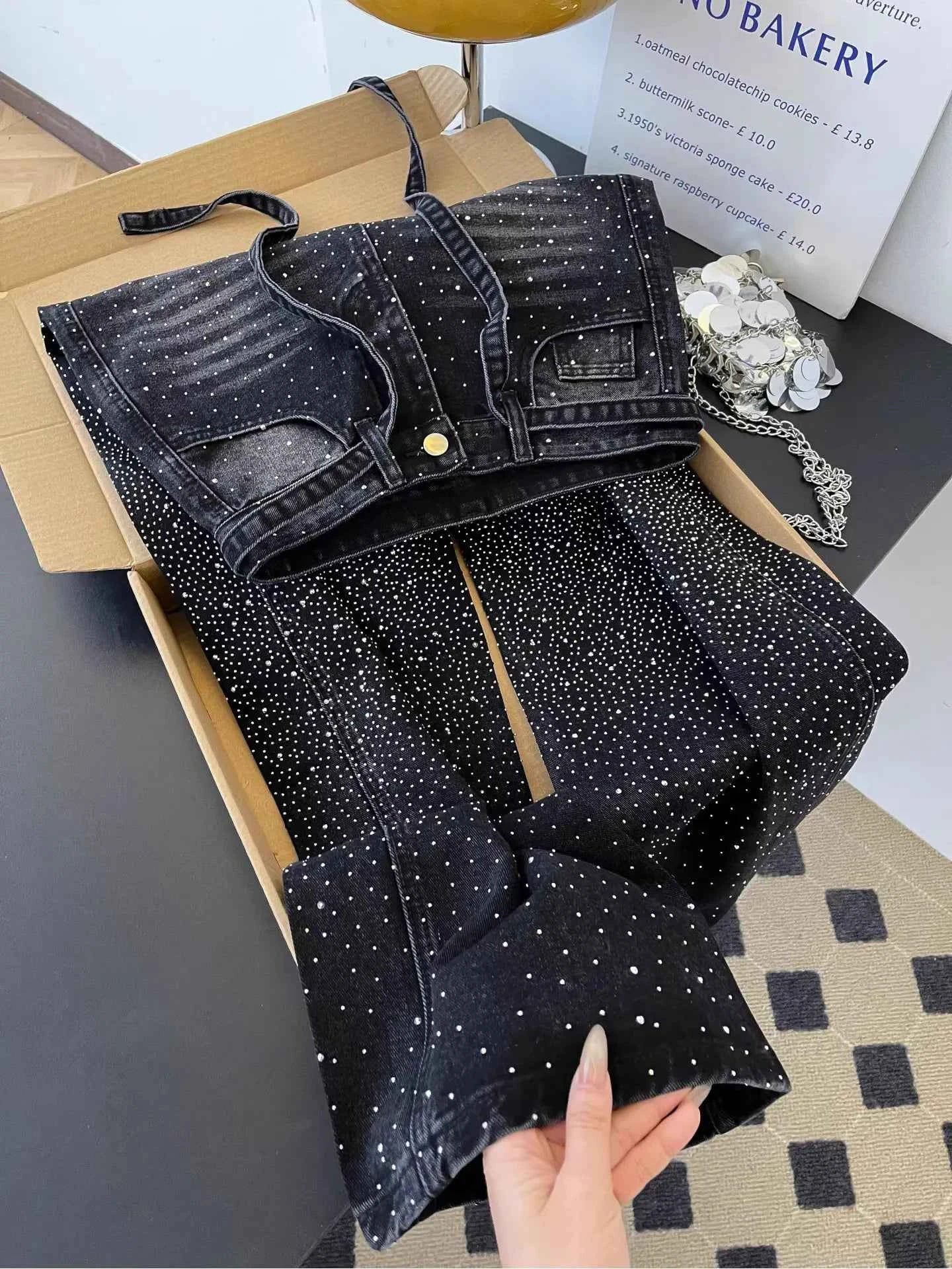 Glittering Rhinestone Denim Pants Women's Jeans New Wide Leg Design Sensation Floor-Length Pants Loose Jeans