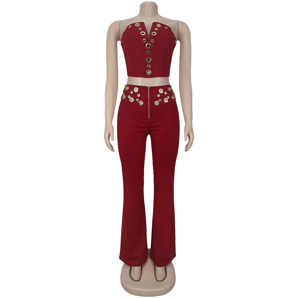 FLARORA Fashion Metal Ring Holes 2 Pcs Sets Woman Sleeveless Hollow Out Crop Tops And High Waist Flare Pants Elegant Streetwear