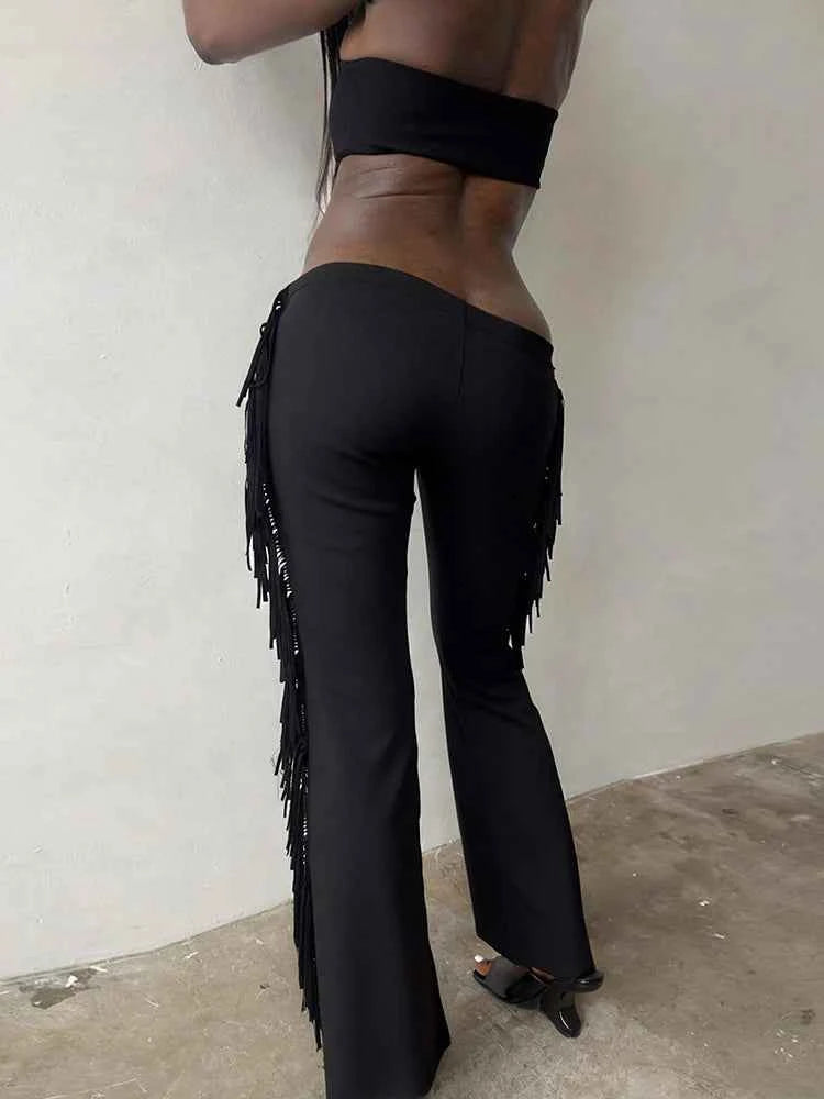 Weird Puss Side Tassel 2 Piece Set Women Tracksuit Mini Strapless+Straight Pants Matching Stretch Street Cool Hipster Outfits