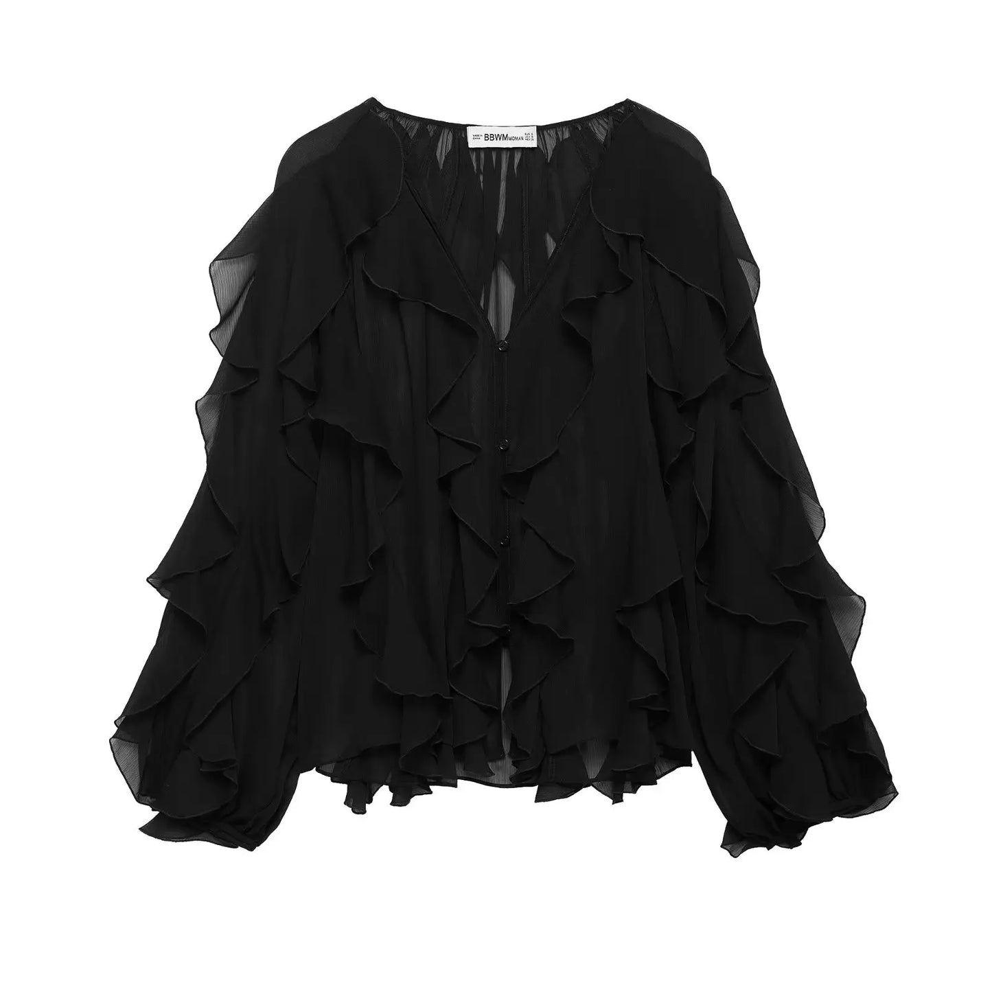 DUOPERI Women Fashion Solid Ruffled Blouse Vintage V-Neck Long Sleeves Female Chic Lady Shirts