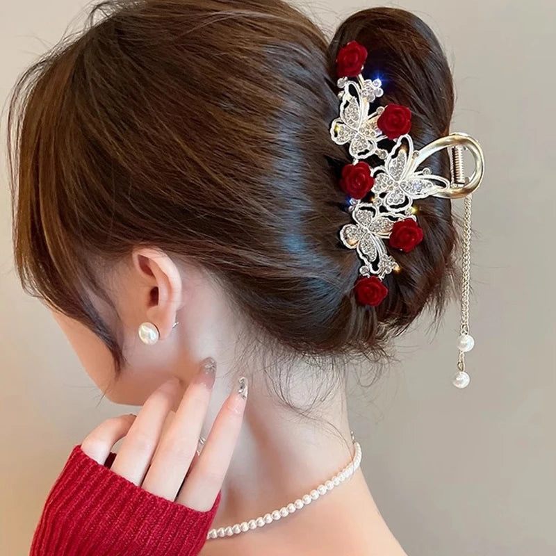 Light Luxury Rhinestone Bell Orchid Tassel Hair Clip Flowers Rose Butterfly Claw Clip Shark Hair Claw Barrette Hair Accessories