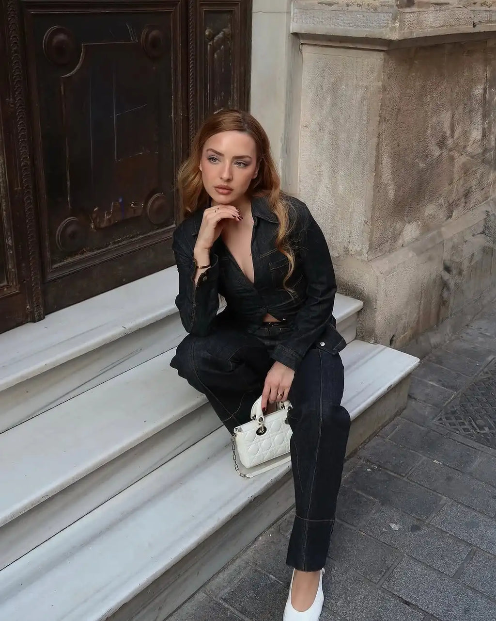 Women Fashion Denim Solid Top High Waist Pants Suits Casual Single Breasted Lapel Neck Shirts Pant Set Spring Lady Street Wear