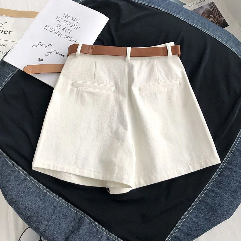 Elegant Belt Shorts Women Fashion White Wide Leg Suit Shorts Summer Ladies Korean High Waist Baggy All Match A Line Short Pants - CRAVO ROSE