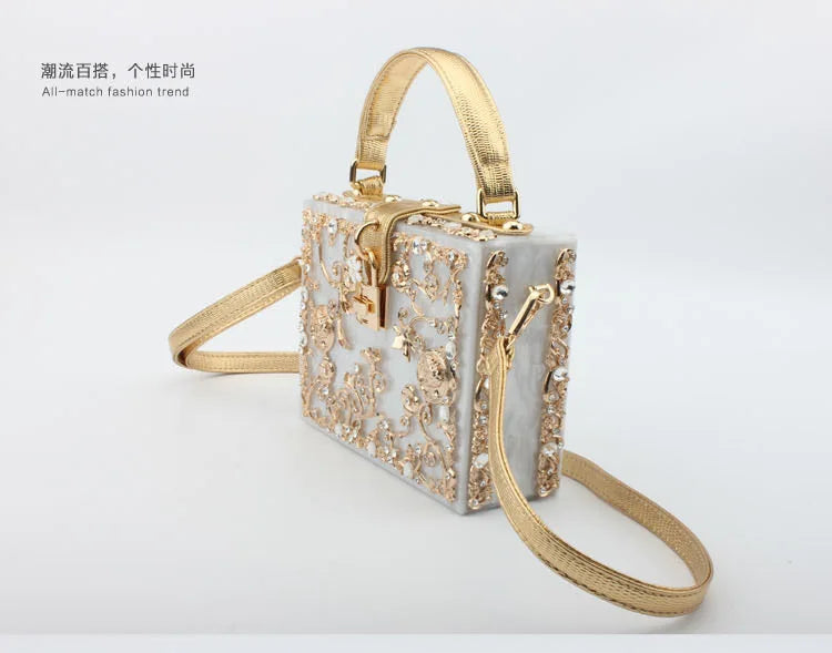 Box Designer evening bag diamond flower Clutch Bag hollow relief Acrylic luxury handbag banquet party purse women's Shoulder bag
