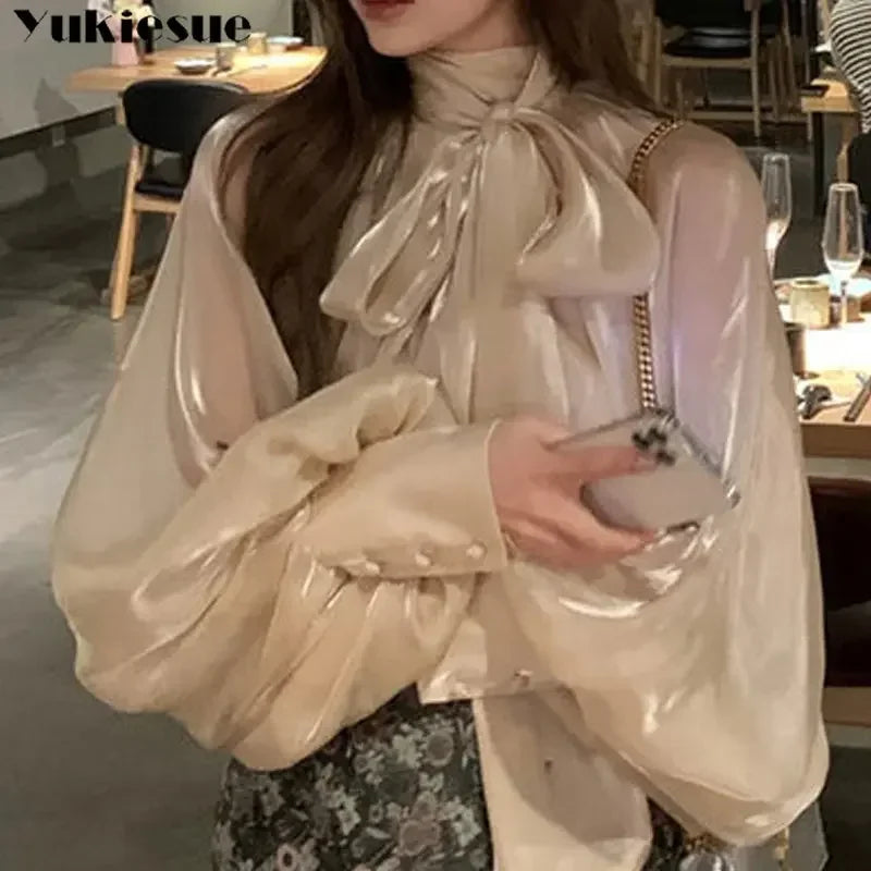 Camisas Manga Lanterna Gola Alta Sólida Casual Vintage Elegante Temperamento Manga Comprida