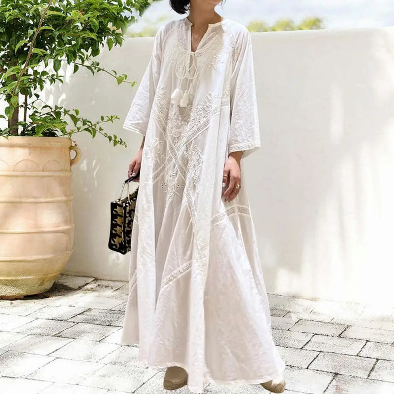 Elegante Vestido de Camisa Sólida Feminino Primavera Vestido de Verão Reto Vestidos Longos Manga Lanterna Maxi Vestidos Feminino Decote Em V Robe