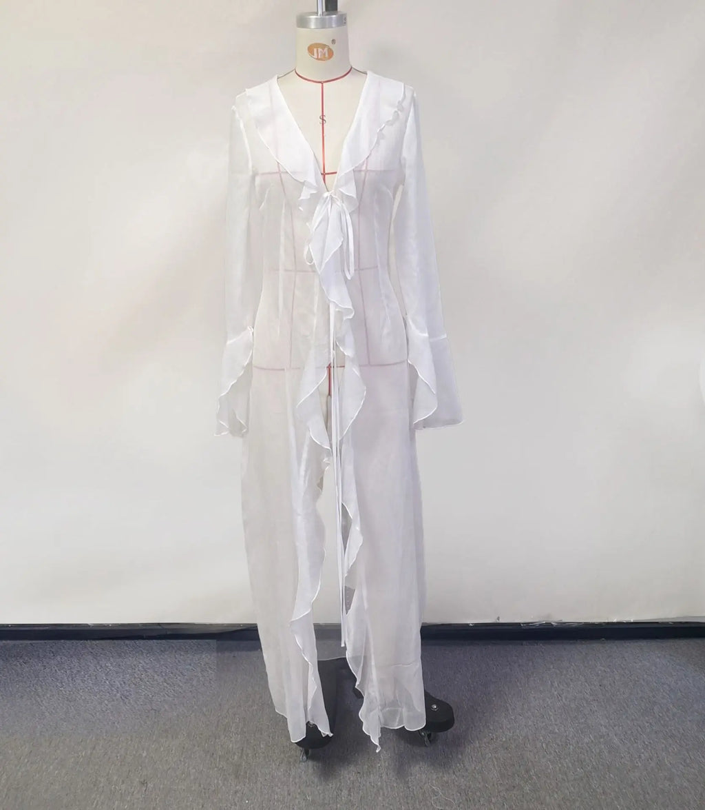 Vestido feminino com babados irregulares, decote em V chique, manga comprida, renda, vestido de praia para mulheres, saída de férias