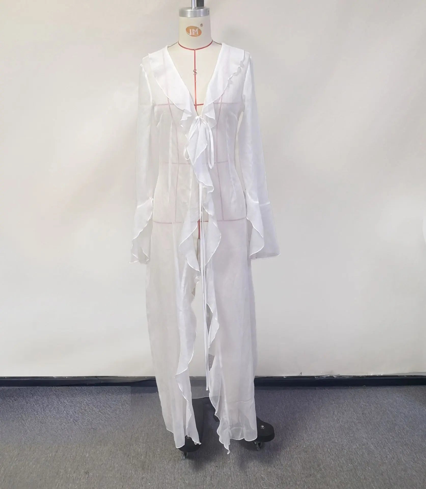 Vestido feminino com babados irregulares, decote em V chique, manga comprida, renda, vestido de praia para mulheres, saída de férias