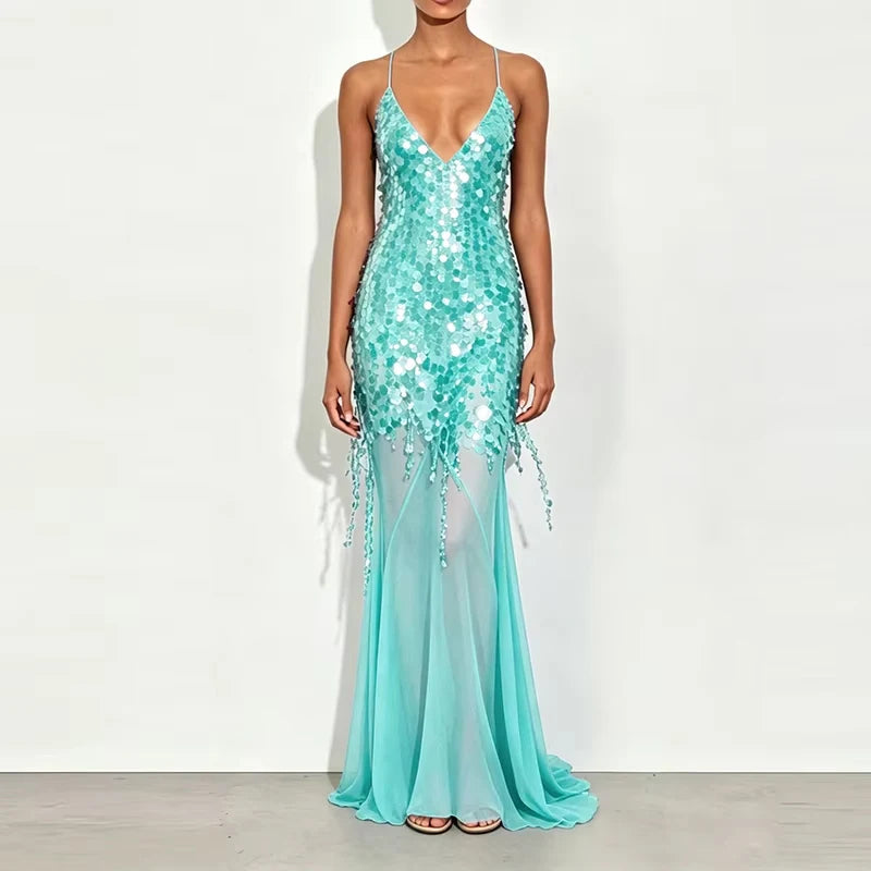 Sexy Deep V-neck Beaded Fishtail Dress Women Elegant Sleeveless Evening Dress Fashion Sequin Backless Hollow Out Slim Long Dress