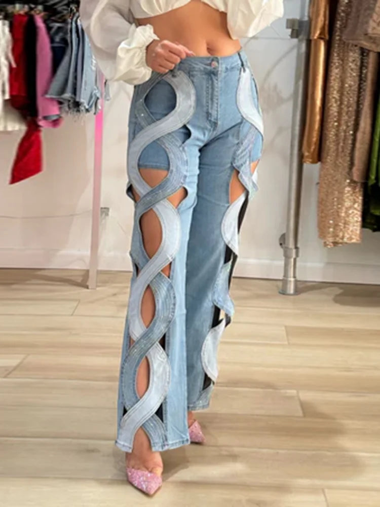 Calça jeans feminina VGH Crisscross Hit Color Streetwear cintura alta patchwork bolsos vazados calças femininas