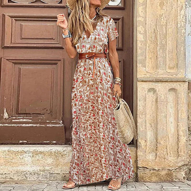 Women Sexy Casual Elegant Holiday Dress Summer Trend V-Neck High Slit Irregular Midi Dress Retro Vintage Print Slim With Belt - CRAVO ROSE