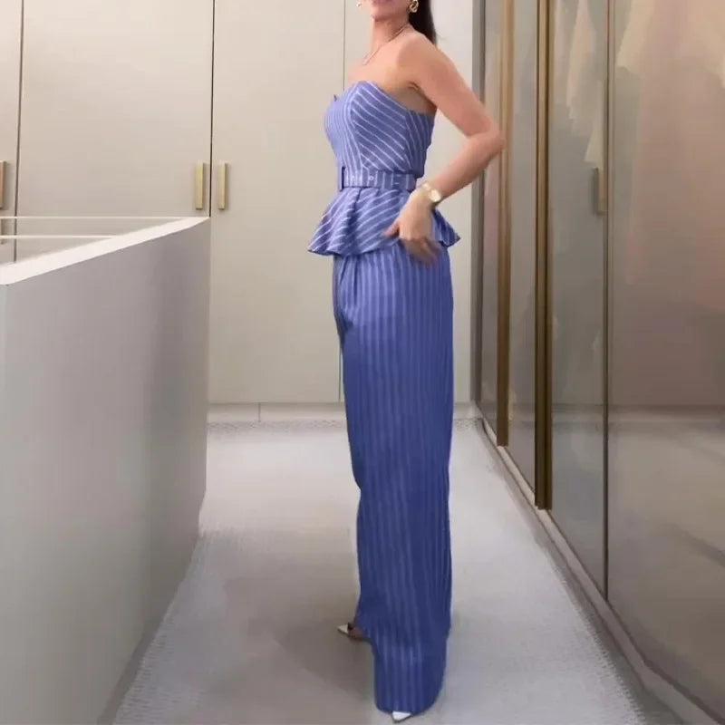 Sleeveless Strapless Tank Top Stripes Printed & Long Wide Leg Pants Women 2pcs Clothes Set Office