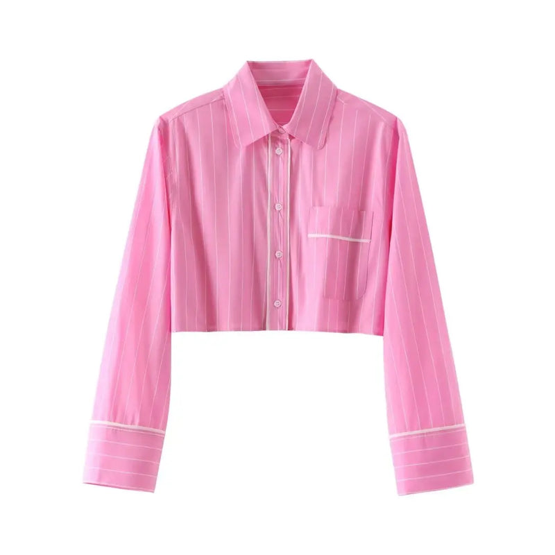 TRAFZA Women 2 Piece Set Elegant High Waist Loose Drawstring Pocket Wide Leg Pants Stripe Lapel Pocket Button Shirt Top Traf