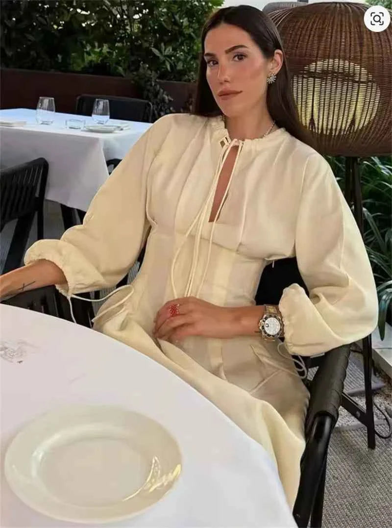 Women's Dress 2026 Summer New Beige Long-Sleeve Loose Tie-Decorated Long Dress Elegant and Graceful Beach Vacation