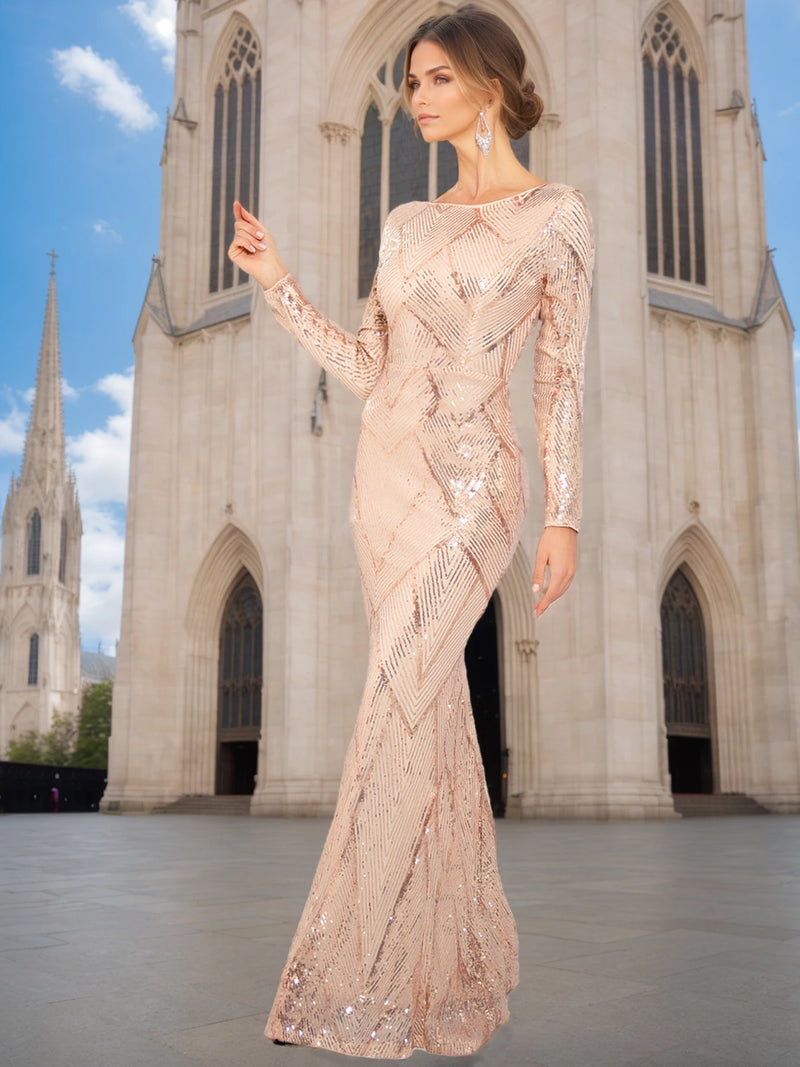 Romagic O Neck Sequin Formal Evening Party Dress Long Sleeves Floor Length Prom Gown Modest Women Celebrity Dresses 2025