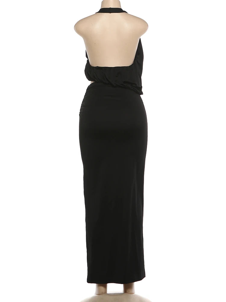 Kliou Elegant Style 2 Piece Set Woman Summer Trend Halter Backless Irregular Tank Tops+Long Skirts Vacation Beach Party Outfits