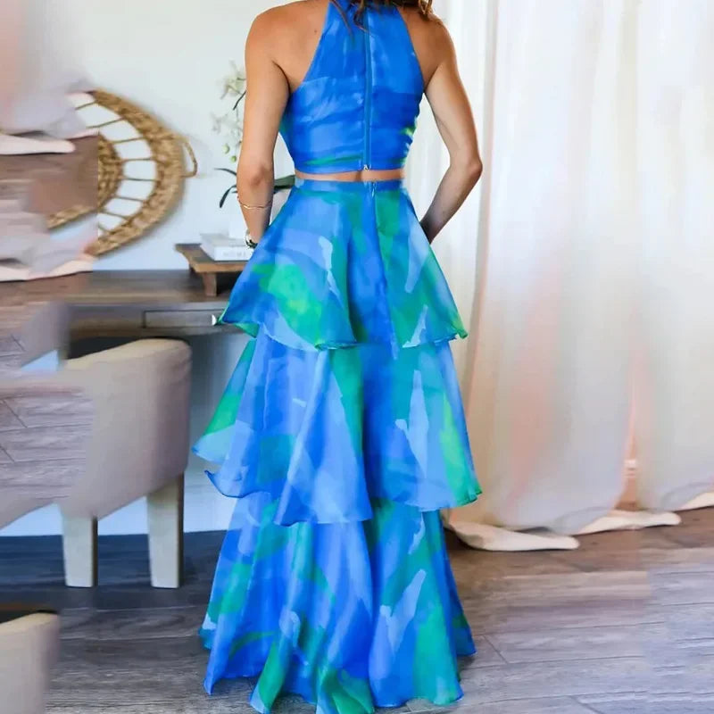 Cake Skirt Set Women Dress Sets Two Piece Sets Sexy Print Sleeveless Short Tops Elegant Splice High Waist A Line Long Skirts