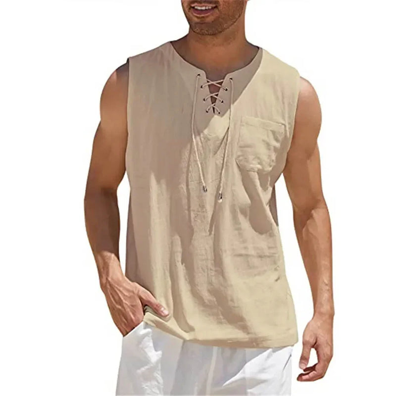 Camisas de linho de verão masculinas, colete casual sem mangas, blusa com cadarço, gola V retrô, camisa solta da moda, camiseta masculina de cor sólida