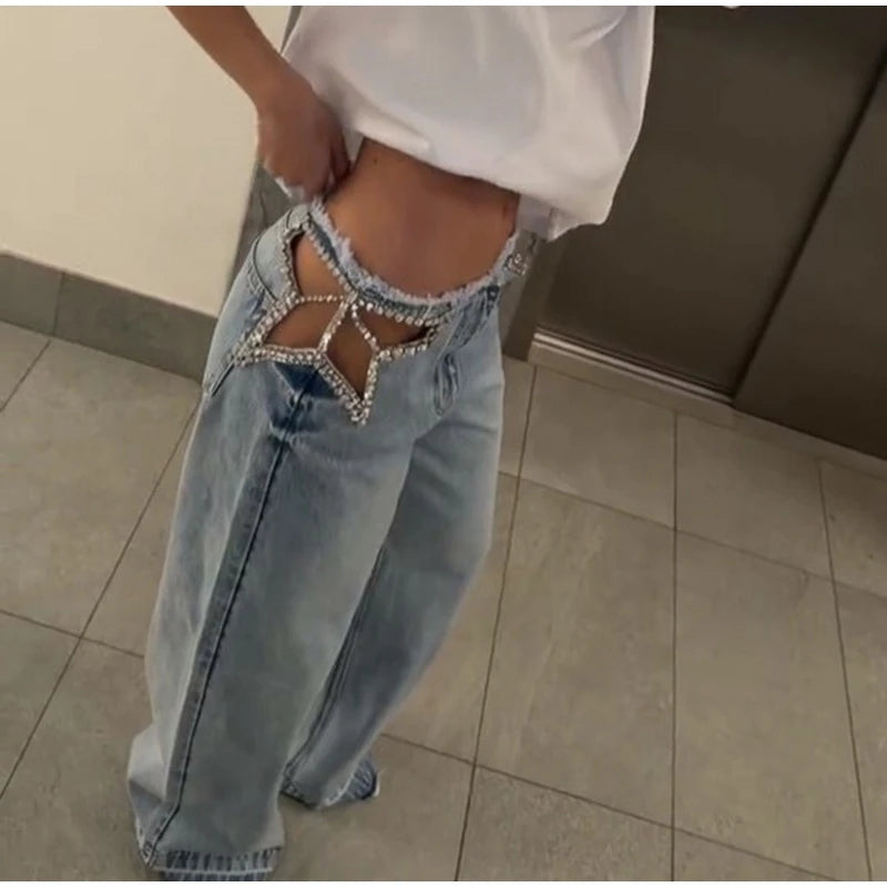 Y2k Hot Fix Rhinestone Cutout Women's Jeans Summer Street Low-rise Wide Leg Loose Denim Pants Lady New Fashion Party Trousers