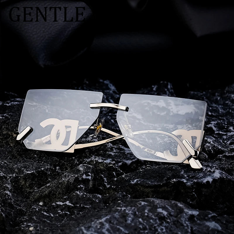 Óculos de sol quadrados sem aro punk femininos, armação de metal, design de marca de luxo, óculos retrô para mulheres, proteção UV400, 2025