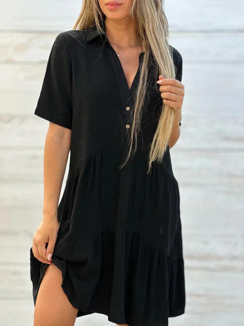 Vestido casual com lapela e babados, linha A, para férias na praia, solto, liso, de algodão e linho, manga curta