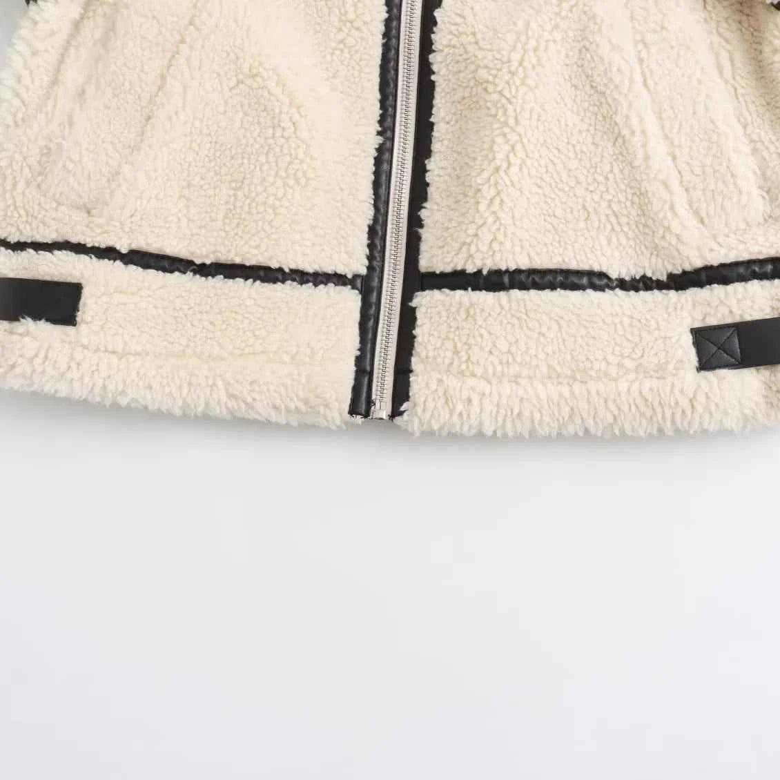 JNLEAOG Autumn New Fashionable Furry Motorcycle Style Coat Long Sleeve Street Style Women's Cotton Jacket