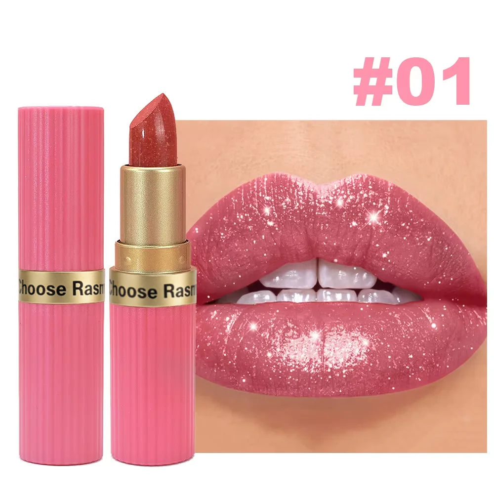 Batom de Veludo com Glitter Rosa Perolado – Metálico, À Prova d'Água, Longa Duração, Acabamento Matte com Brilho Diamante