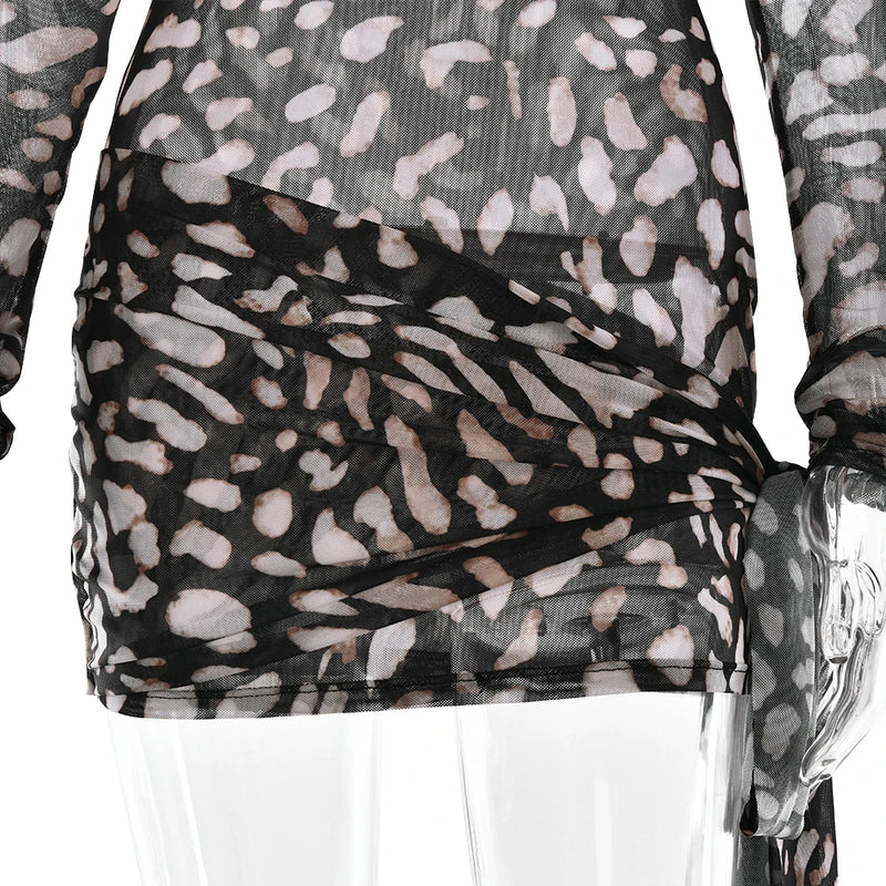 Fantoye Turtleneck Sexy Sheer Print Leopard Bandage Women Dress Long Sleeve Mini Dress Lady Spring Slim Elegant Party Club Dress