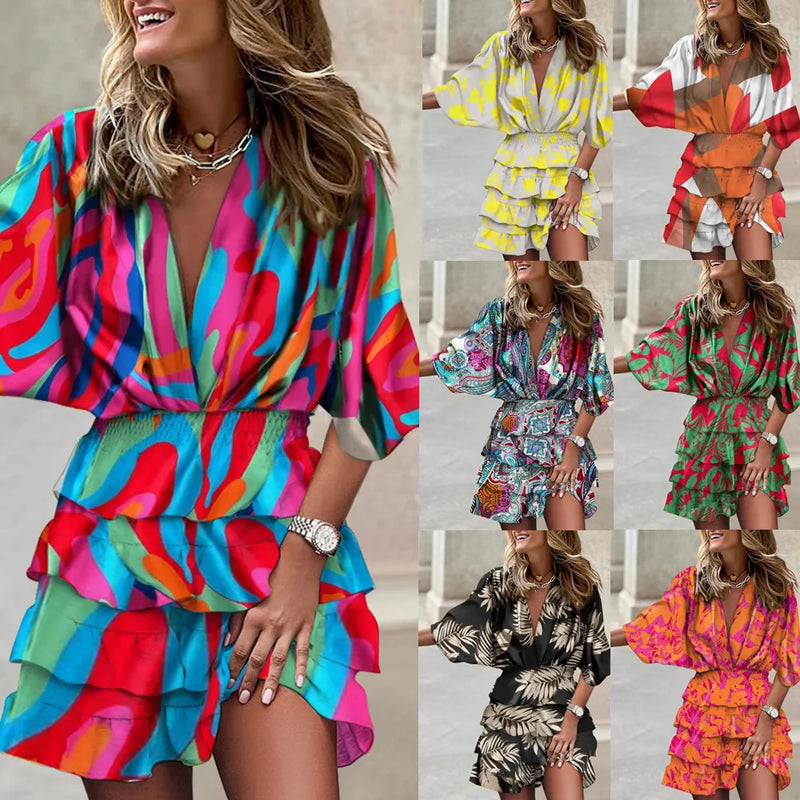 Print  Cross-border independent station fashion classic explosive autumn bat sleeve V-neck hemline irregular dress women's dress