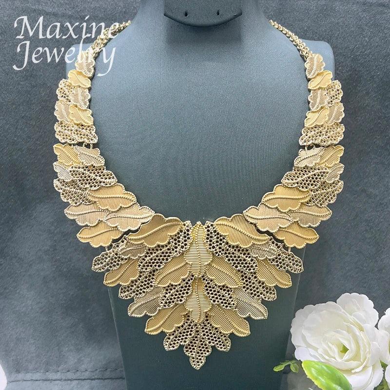 Italian Nigeria 18K Gold Plated Jewelry Set Luxury Women Original Leaf Necklace Earrings Bracelet Ring Bridal Wedding Party Gift - CRAVO ROSE