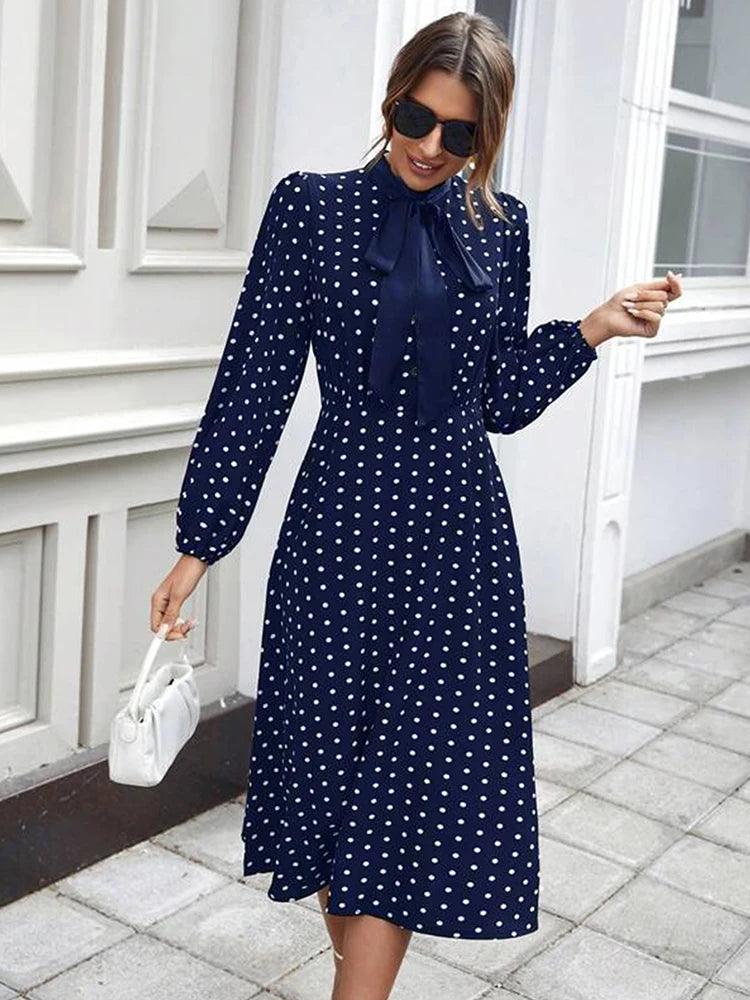 Women's Fashion French Full-body Polka Dot Print Tie Lantern Sleeve Small Stand Collar With Bow A Swing Dress - CRAVO ROSE