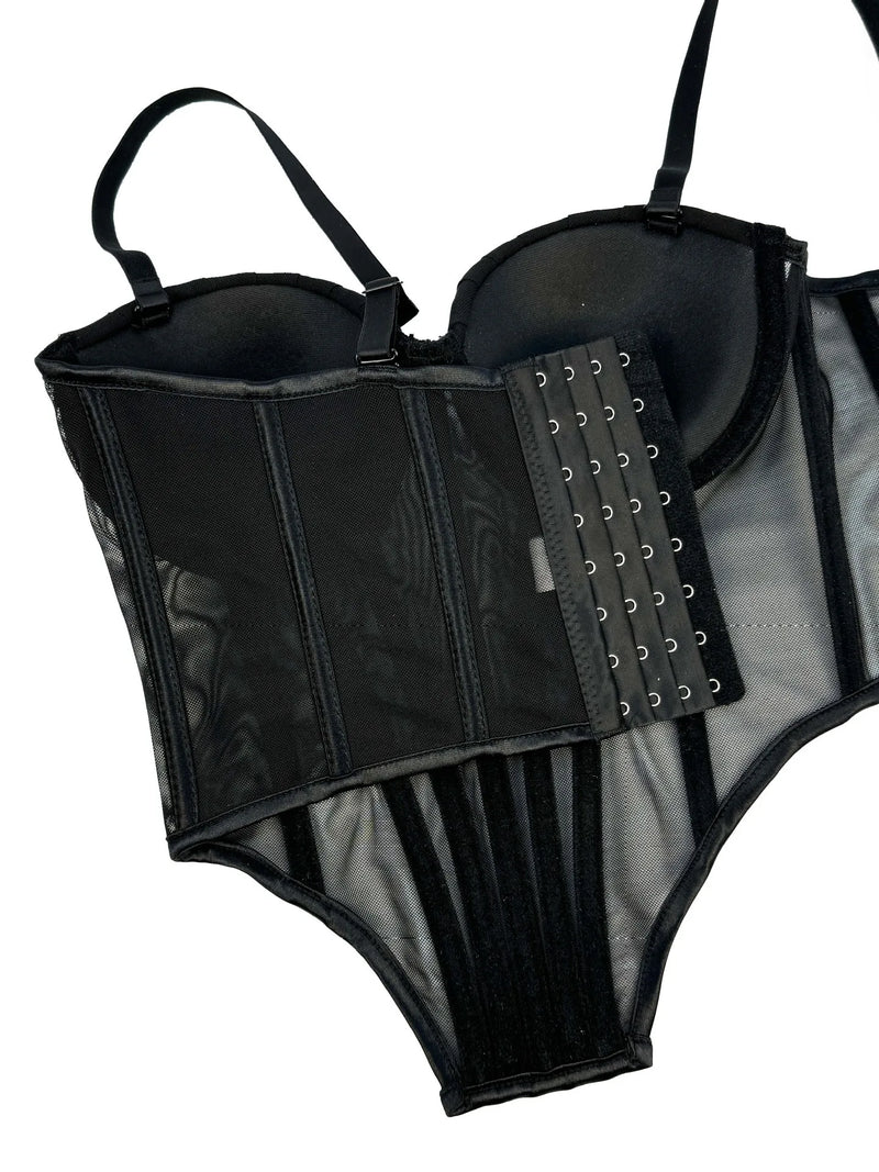 Corpete transparente de malha feminino, faixa espinha de peixe na cintura, corpete bustiê, tops sensuais