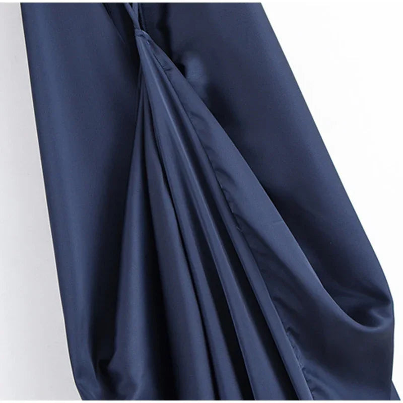 Elegant Satin Halter Backless Maxi Dress Women Loose Pleated O-neck Sleeveless Party Dresses 2026 Summer Lady Chic Holiday Robes