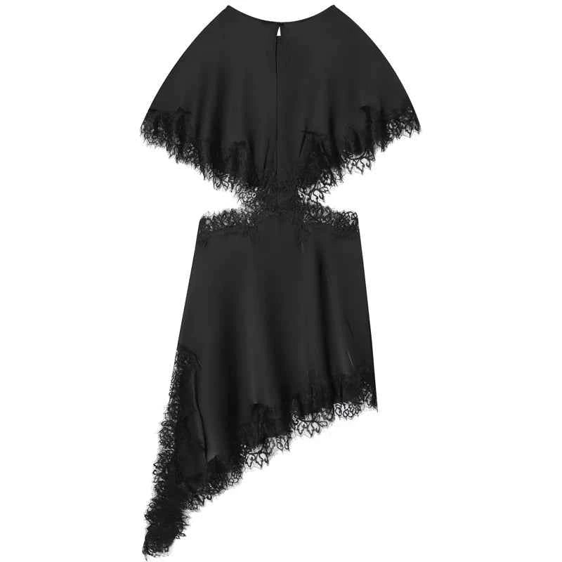 HXAO Cut Out Black Dress Woman Asymmetrical Lace Midi Dress Cape Sleeve Elegant Party Dresses Women Sexy Luxury Cocktail Dress