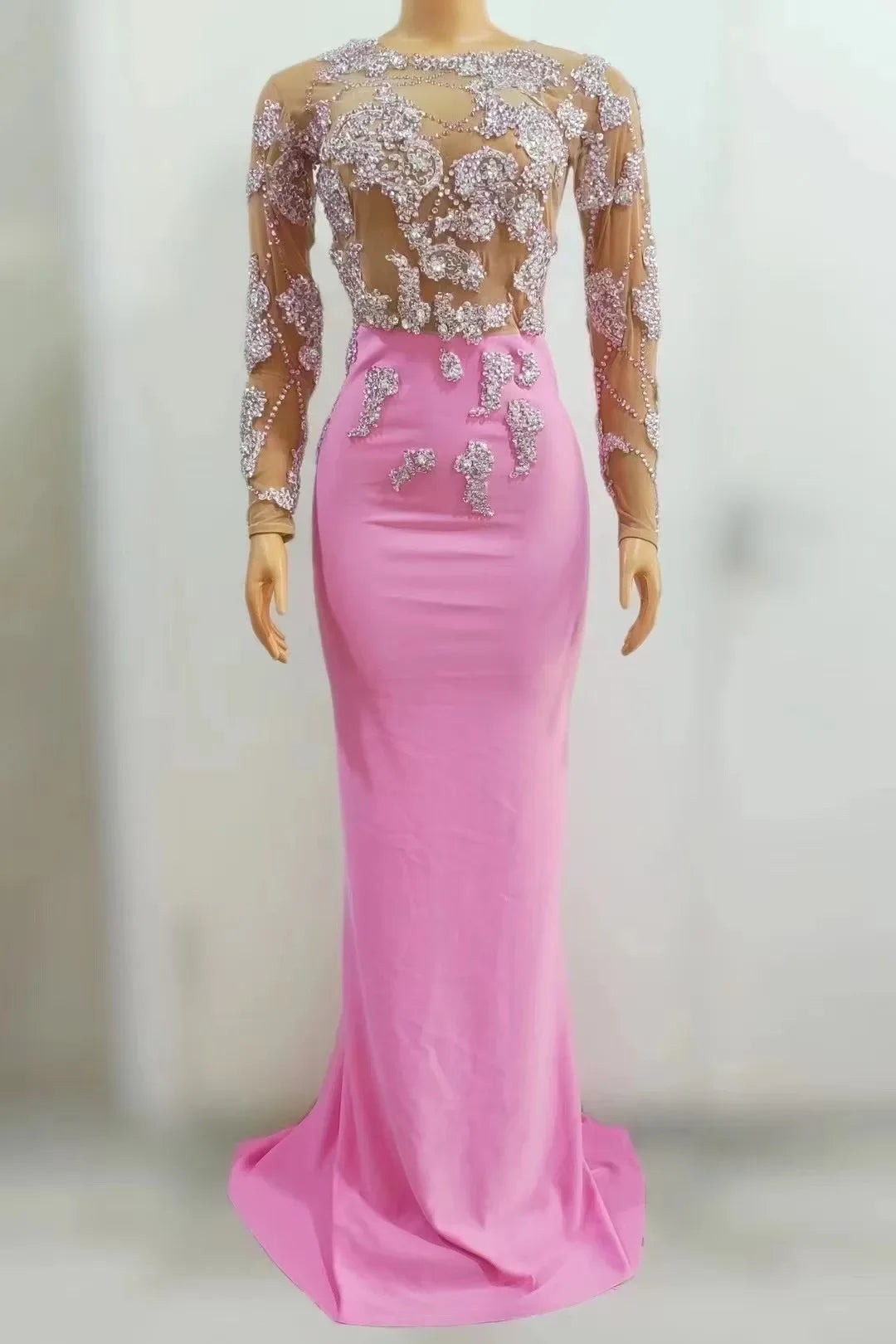 Women Dance Performance Outfit Evening Birthday Celebrate Photo Shoot Dress Sexy Stage Rhinestones Transparent Long Dress