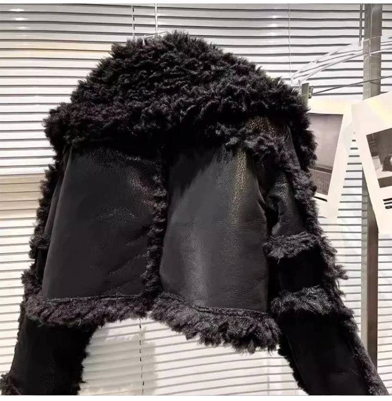Lautaro Autumn Winter Short Hairy Thick Warm Black Faux Sheepskin Coat Women with Long Sleeve Luxury Designer Fluffy Jacket 2023