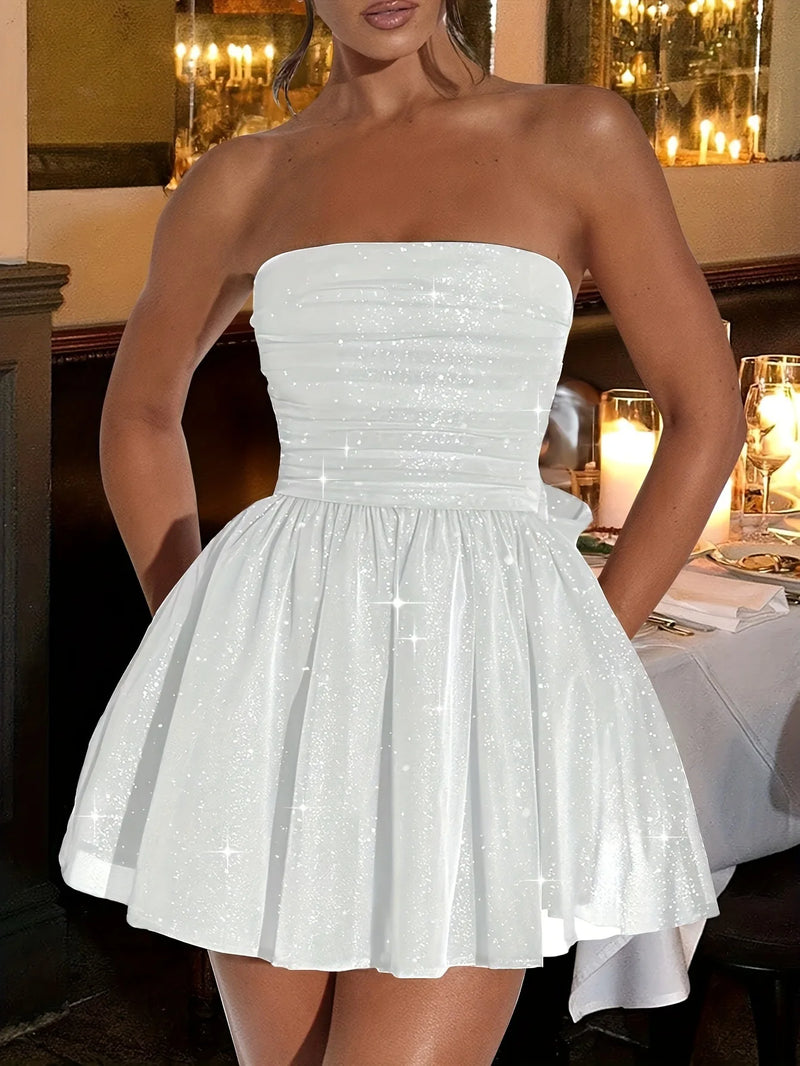 2025 Sexy Elegant Glitter Strapless Dress Fashion Sleeveless Off Shoulder Mid-skirt Breast Wrap Slim Mesh Dress Evening Dresses