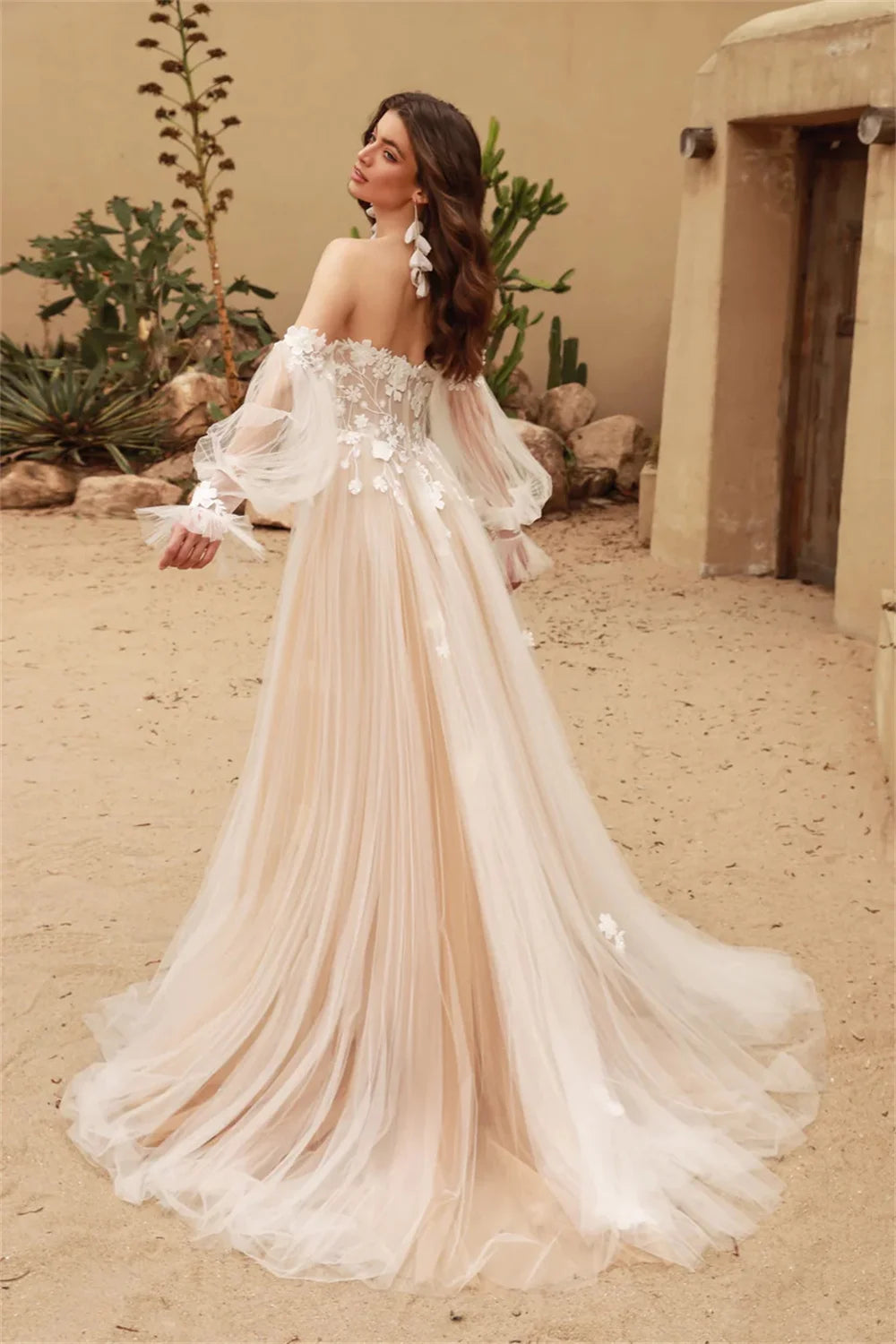 Light Champange Detachable Long Puff Sleeves V-neck Lace Applique Boho Beach A Line Wedding Dresses Custom Made 2025 Vestido De