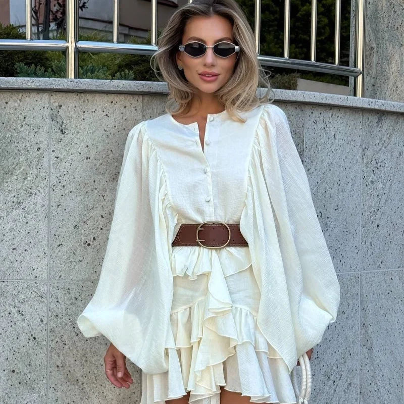 Vestido curto elegante com gola alta e borda de folha de lótus, retrô, floral, rosa, babados, manga comprida, moda urbana