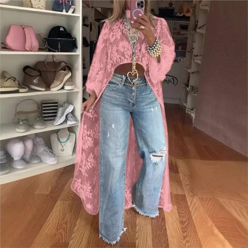 Blusa feminina nova moda 2025 com renda floral e gola alta, manga bufante, frente vazada, curta e longa