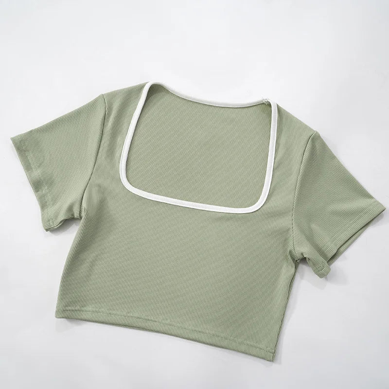 Women's Sexy Slim Set Fashion Short Sleeve Square Collar T Shirt Tops+High Waist Long Pants 2 Piece Sets For Female Streetwear