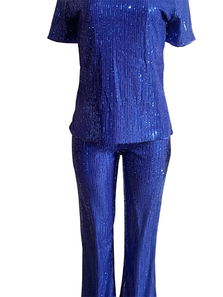 Conjunto Feminino de Duas Peças Primavera Feminino Casual Brilhante Lantejoulas Gola Redonda Moda Sólida Manga Curta Camiseta Perna Larga Calças Terno