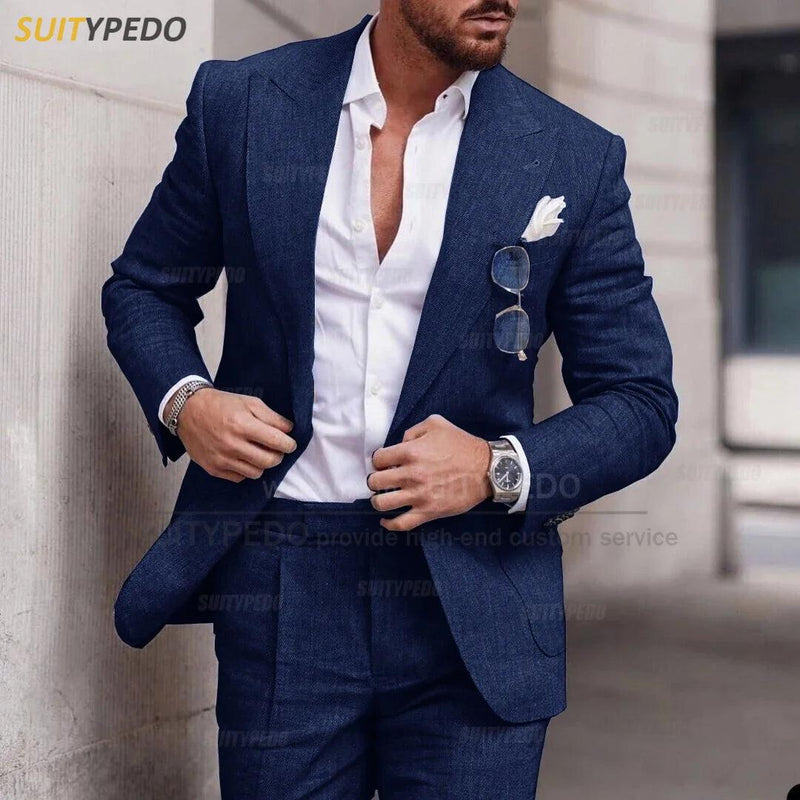 Terno masculino clássico de linho cinza, casamento na praia, padrinho, moda, baile, sob medida, casual, slim fit, blazer, calças, 2 peças - CRAVO ROSE