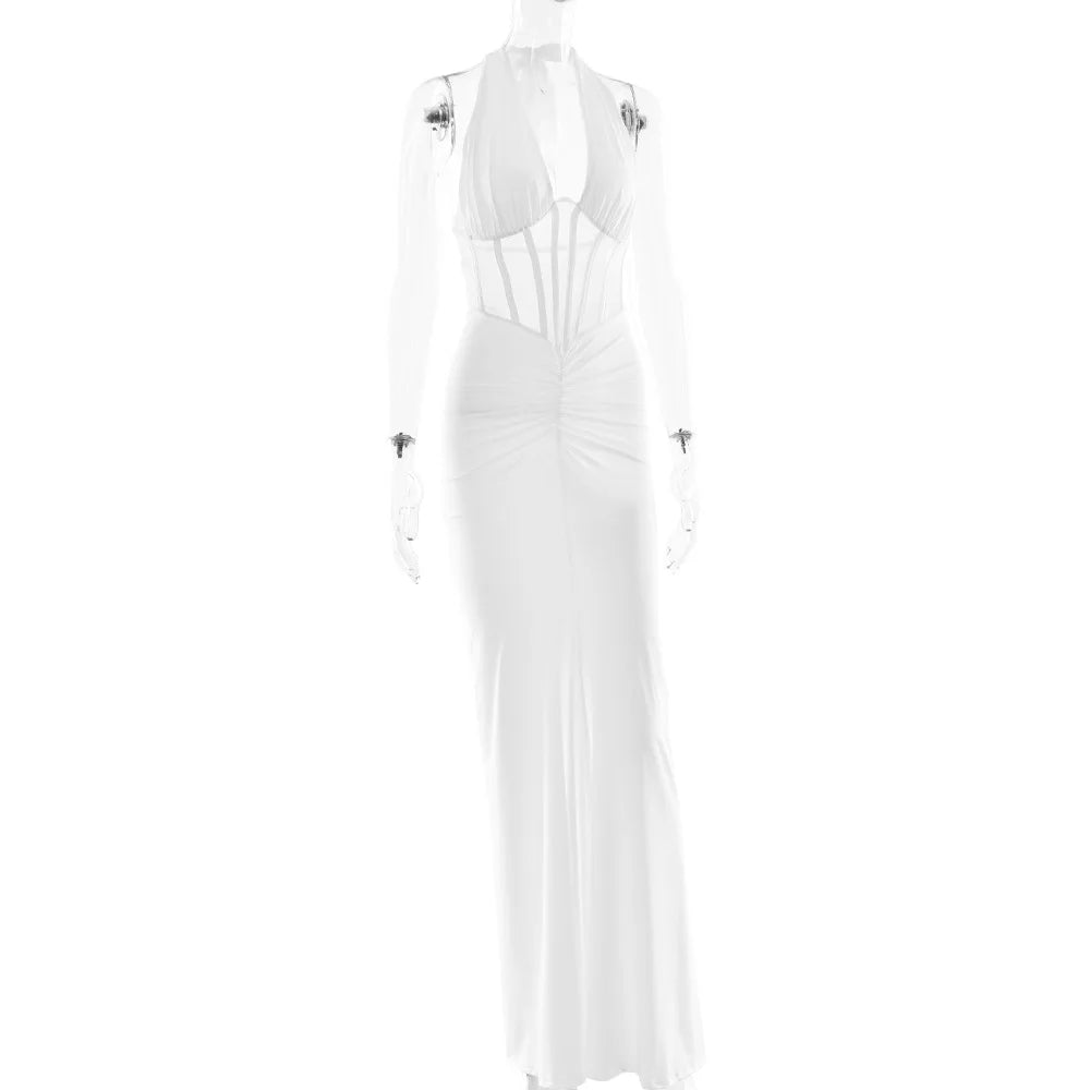 Elegant White Long Curvy Dress Women's Halter Deep V Backless Black Mesh Ruched Maxi Dresses Evening Party Cocktail Robe Summer