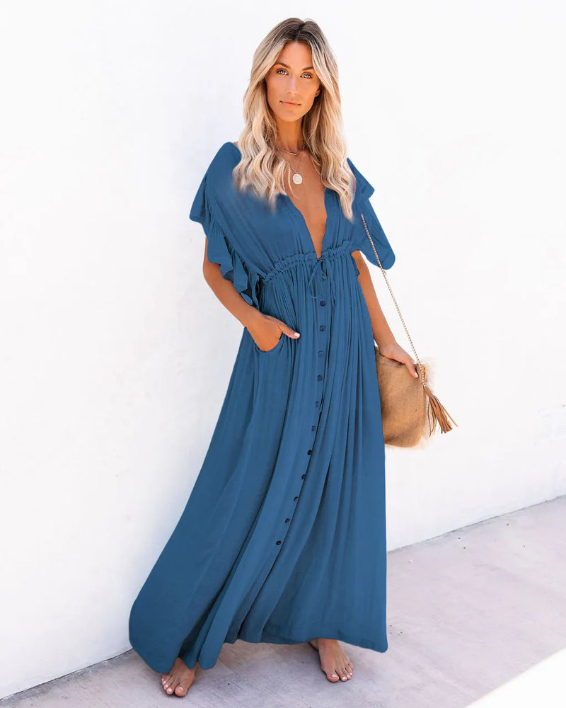 Blusa de biquíni com botões e cintura alta, saia longa, cardigan, jaqueta de praia para férias, proteção solar