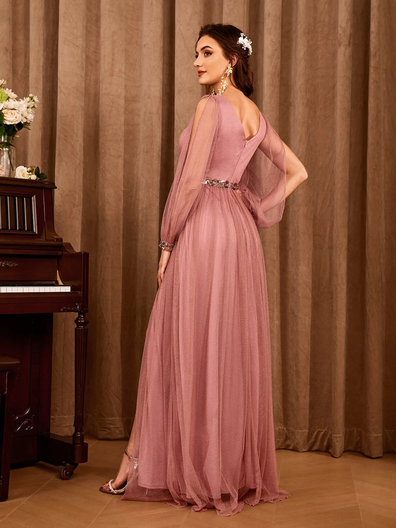 Vestido decote em V apliques de gaze fenda elegante Vestido de noite Vestido de baile Vestido de festa Vestido de dama de honra